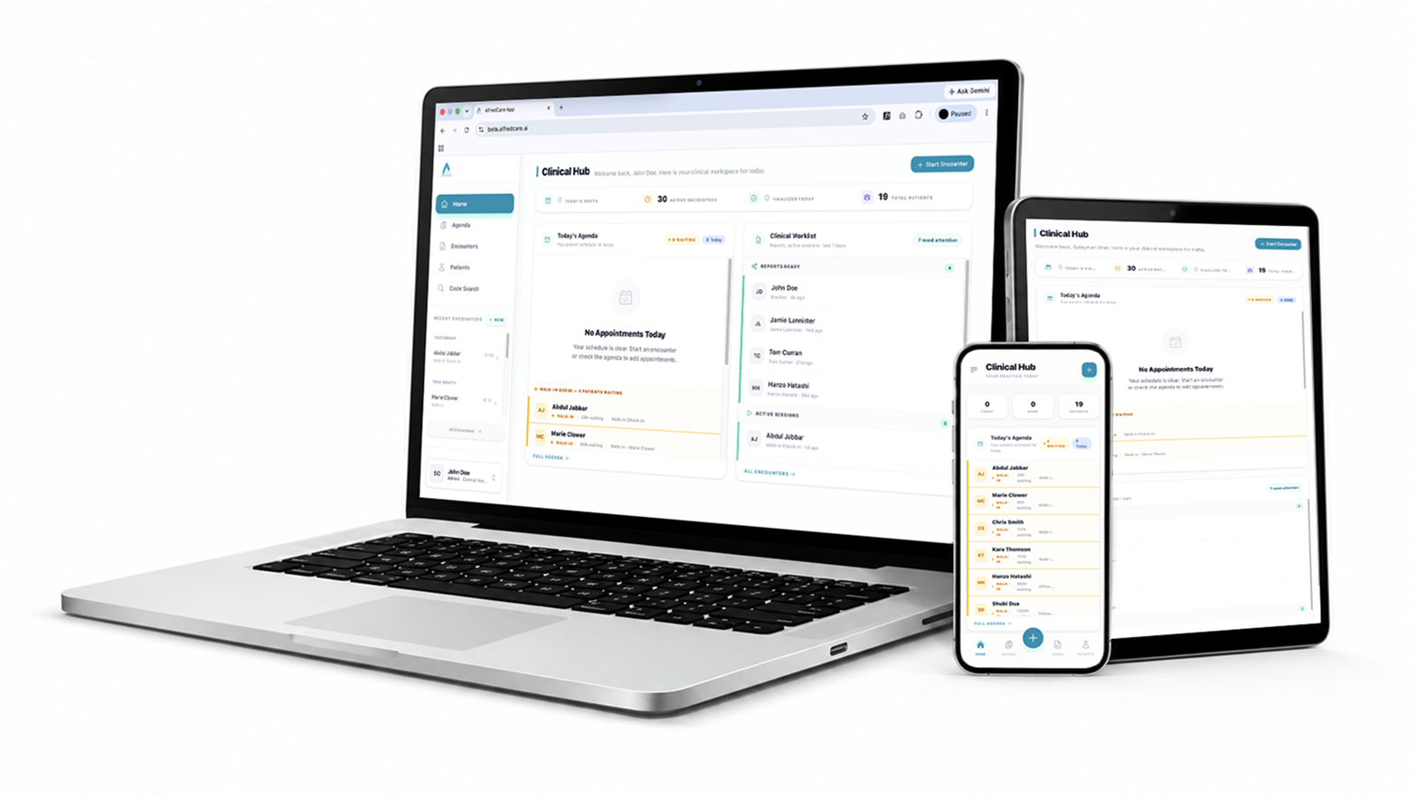 AlfredCare Clinical Hub on laptop, tablet and phone