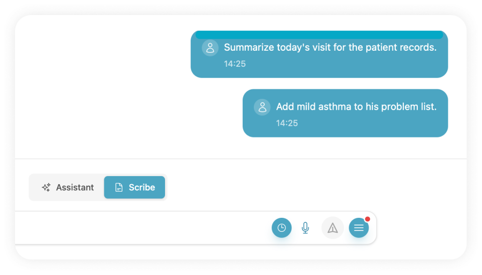 AlfredCare scribe chat: visit summarized and problem list updated