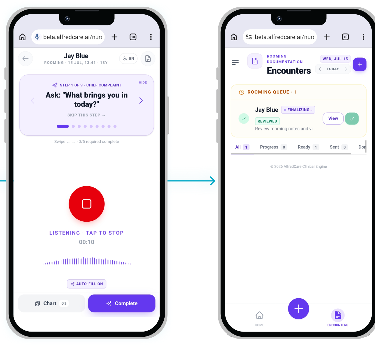 AlfredCare mobile charting on two phones
